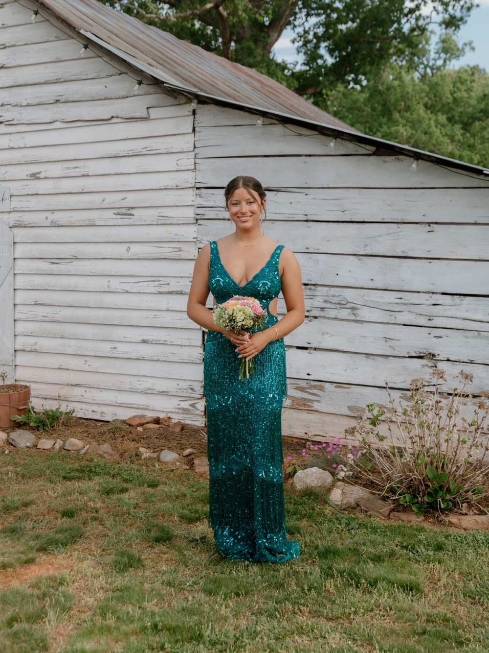 Teal Sequin V-Neck Evening Prom Gown